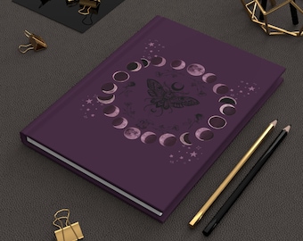 Moon Phase Journal, Mystical Purple Design with Moth Motif and Star Accents