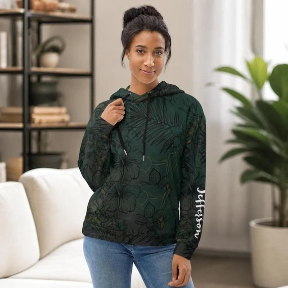 Floral Hoodie, Recycled Polyester Pullover with Brushed Fleece Interior