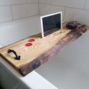 Rustic live edge wooden bath caddy with free engraving personalised message image 1