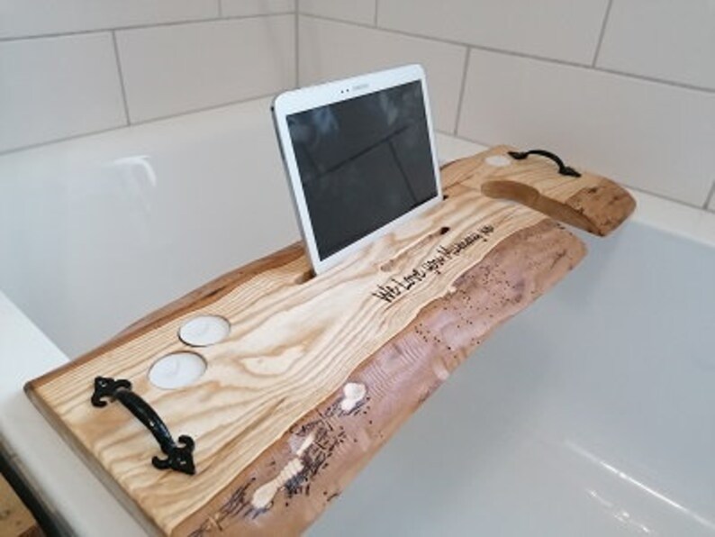 Rustic live edge wooden bath caddy with free engraving personalised message image 3