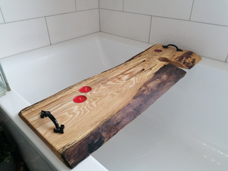 Rustic live edge wooden bath caddy with free engraving personalised message image 6