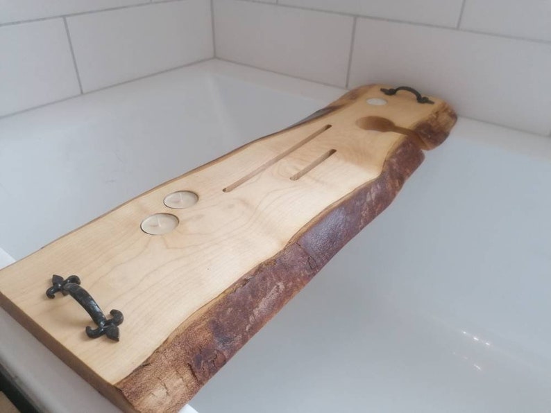 Rustic live edge wooden bath caddy with free engraving personalised message image 5