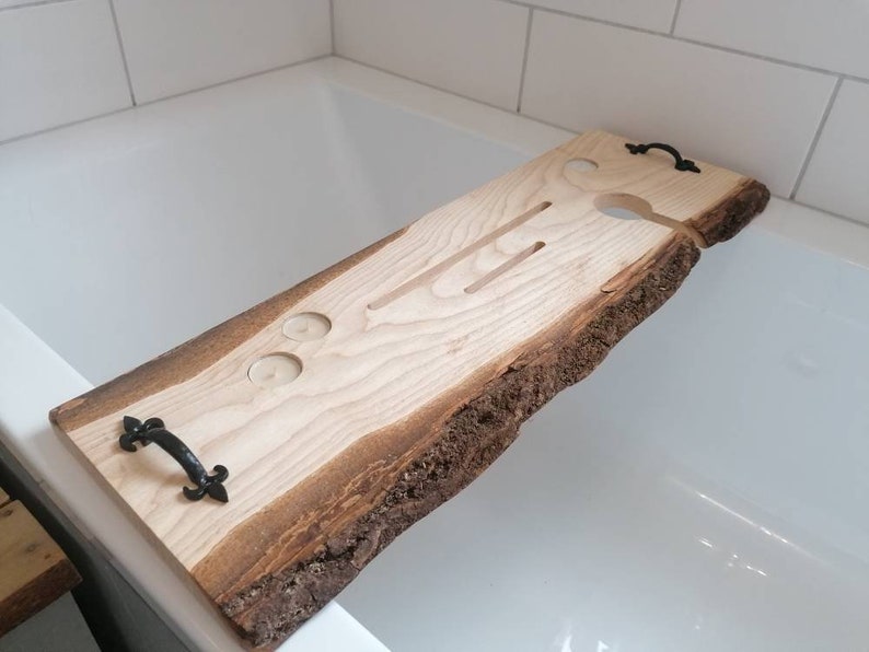Rustic live edge wooden bath caddy with free engraving personalised message image 4