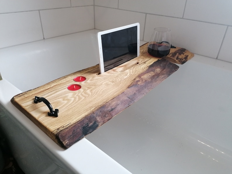 Rustic live edge wooden bath caddy with free engraving personalised message image 1