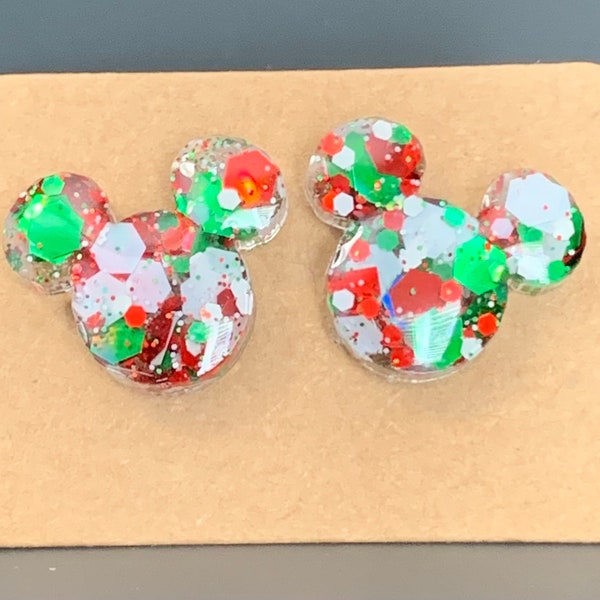 Mouse Stud Earrings in "Merry Christmas" Glitter with Red, Green and White Glitter