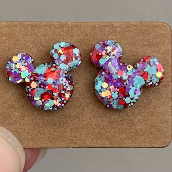 Mouse Stud Earrings in "Rainbow Fish" Glitter with Red, Turquoise, and Purple Iridescent Glitter