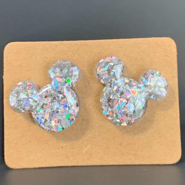 Mouse Stud Earrings in "Prism" Silver Iridescent Glitter