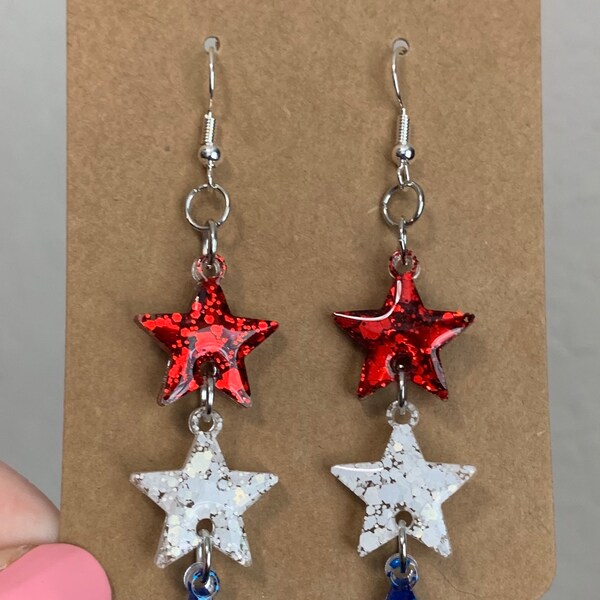 Red, White, & Blue Star Chandelier Dangle Earrings