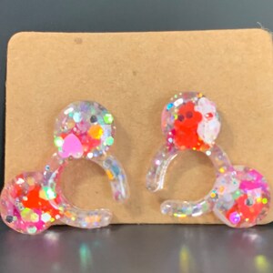 Mouse Headband Stud Earrings in "Hearts Galore" Glitter with Multi Colored Hearts and Iridescent Glitter