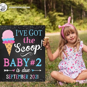 Printable Ice Cream Pregnancy Announcement Chalkboard Sign, I&#39;ve Got the Scoop Pink + Blue Baby Number 2 Reveal Photo Prop, DIGITAL FILE