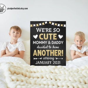 Printable We're So Cute 3rd Pregnancy Announcement Chalkboard Sign, Sibling Third Baby Number 3, Baby Reveal Prop, DIGITAL FILE