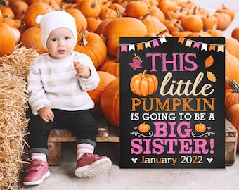May include: A baby sits in front of a sign that reads "This little pumpkin is going to be a big sister! January 2022." The sign is black with orange and pink text and pumpkin illustrations. The baby is wearing a white hat, striped shirt, black pants, and pink shoes.