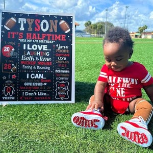 It's Halftime Football Half Birthday Milestone Chalkboard Sign, Halfway to One, Boy Red + Brown Party Poster, 6 Months Old, DIGITAL FILE