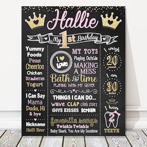 Tablero de primer cumpleaños de princesa, signo de pizarra de cumpleaños de hito rosa + oro, cartel de fiesta de corona de niña, archivo DIGITAL