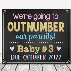 We&#39;re Going to Outnumber Our Parents 3rd Pregnancy Announcement Chalkboard Sign, Baby Reveal Number 3, Third Sibling, DIGITAL FILE