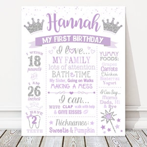 Tablero de primer cumpleaños de princesa, signo de pizarra blanca de cumpleaños de niña 1er 2o hito, cartel de fiesta púrpura + plata, corona, ARCHIVO DIGITAL