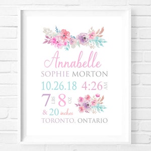 Estadísticas de nacimiento imprimibles Arte mural, Boho Floral Baby Girl Custom Nursery Decor Print, rosa, púrpura, flores Regalo para bebés, ARCHIVO DIGITAL