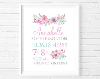 Printable Birth Stats Wall Art, Boho Floral Baby Girl Personalized Custom Nursery Decor Print, Pink, Purple, Flowers Baby Gift, DIGITAL FILE
