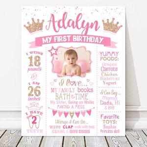 Tablero de 1er cumpleaños de princesa, cartel de pizarra blanca de cumpleaños de hito de imagen, cartel de fiesta de foto de niña rosa + oro, corona, archivo DIGITAL