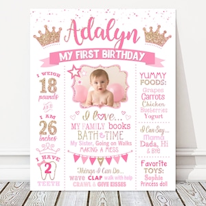 Princesse 1er anniversaire Conseil, signe de tableau blanc anniversaire jalon photo, fille rose + or Photo Party affiche, couronne, fichier numérique