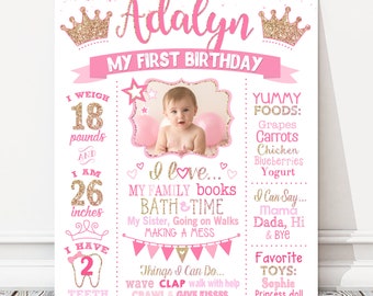 Princess 1st Birthday Board, Picture Milestone Birthday White Chalkboard Sign, Girl Pink + Gold Photo Party Poster, Crown, DIGITAL FILE