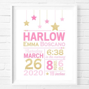 Printable Stars Birth Stats Wall Art, Baby Girl Personalized Custom Nursery Decor Print, Pink + Gold Baby Gift, DIGITAL FILE