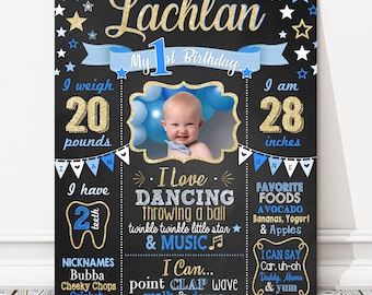 Twinkle Little Star 1st 2nd Birthday Board, Gold Glitter + Photo, Picture Milestone Chalkboard Sign, Boy Party Poster, DIGITAL FILE