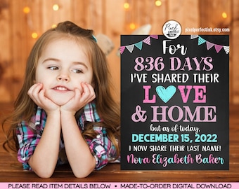 Adoption Ankündigung personalisierte Tafel Zeichen, offiziell angenommen Foto Requisite, Pink + Türkis Mädchen Adoption Tag, DIGITALDATEI