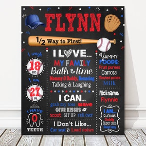 Halfway to First 1/2 Birthday Baseball Chalkboard Sign, Boy Milestone Birthday Board, Red + Blue Party Poster, 6 Months Old, DIGITAL FILE