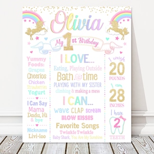 Tablero de primer cumpleaños de unicornio, signo de pizarra blanca de cumpleaños de hito de unicornio, cartel de fiesta de arco iris de oro + Pastel de niña, archivo DIGITAL