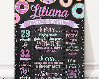 Printable Donut 1st 2nd 3rd Birthday Board, Donut Milestone Birthday Chalkboard Sign, Two Sweet, Donut Grow Up Party Poster, DIGITAL FILE