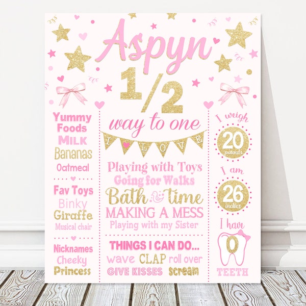 Half Birthday Board, Stars and Bows Girl Milestone Birthday Chalkboard Sign, Pink + Gold Party Poster, 6 Months Old, DIGITAL FILE
