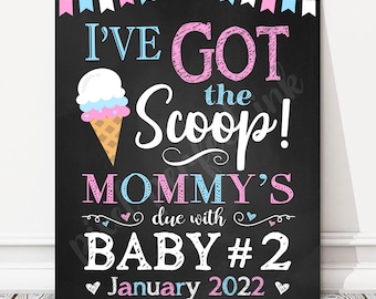 May include: A chalkboard sign with a pink and blue ice cream cone graphic and the text "I've Got the Scoop! Mommy's due with Baby #2 January 2022".