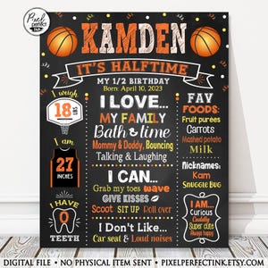 Basketball Half Birthday It&#39;s Halftime Milestone Chalkboard Sign, Halfway to One, Orange Yellow Party Poster, 6 Months Old, DIGITAL FILE
