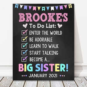 Ogłoszenie o ciąży Big Sister 2nd Personalizowana tablica kredowa, Pastelowa lista rzeczy do zrobienia, Numer dziecka 2, Rodzeństwo, PLIK CYFROWY