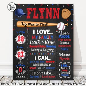 Halfway to First 1/2 Birthday Baseball Chalkboard Sign, Boy Milestone Birthday Board, Red + Blue Party Poster, 6 Months Old, DIGITAL FILE