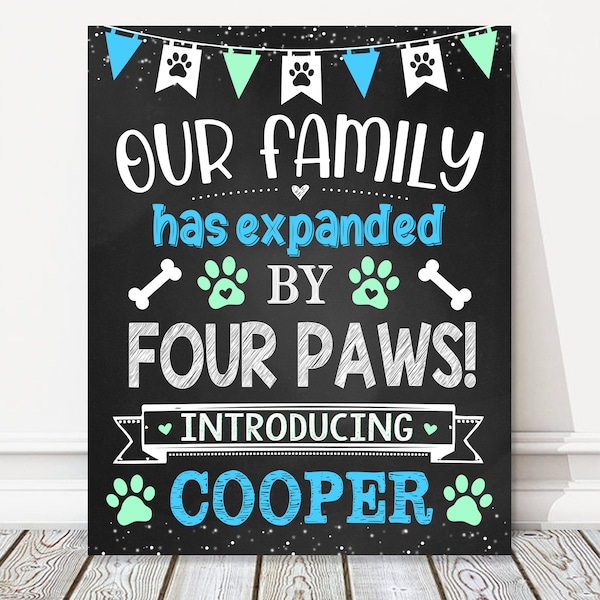 New Puppy Dog Announcement Chalkboard Sign, Our Family Has Expanded By Four Paws, Feet, Blue + Green Reveal Photo Prop, DIGITAL FILE