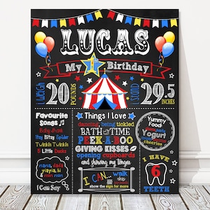 Carnival First Birthday Board, Circus Milestone Birthday Chalkboard Sign, Balloons, Circus Tent, Party Poster, Any Age, DIGITAL FILE