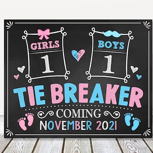 Tie Breaker Pregnancy Announcement Chalkboard Sign, Light Pink Blue 3rd Baby Number 3, Baby Reveal Photo Prop, DIGITAL FILE