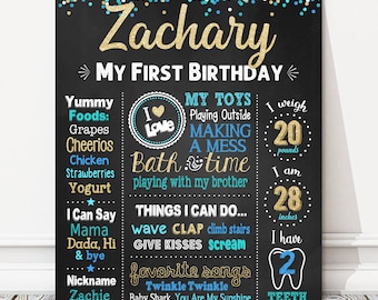Printable Confetti 1st Birthday Board, Boy Milestone Birthday Chalkboard Sign, Blue, Teal + Gold Polka Dots, Party Poster, DIGITAL FILE