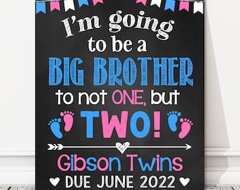 Printable Twins Pregnancy Announcement Chalkboard Sign, Big Brother to Twins, Sibling Reveal Photo Prop, DIGITAL FILE