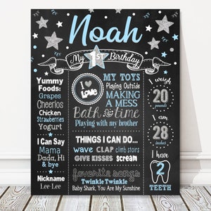 Twinkle Little Star 1st Birthday Board, Blue + Silver Stars Milestone Chalkboard Sign, Boy Party Poster, DIGITAL FILE