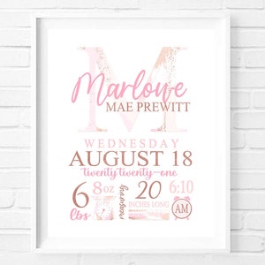 Baby Girl Birth Stats Wall Art, Personalized Nursery Decor Print, Initial Pink + Rose Gold, New Baby Gift, DIGITAL FILE