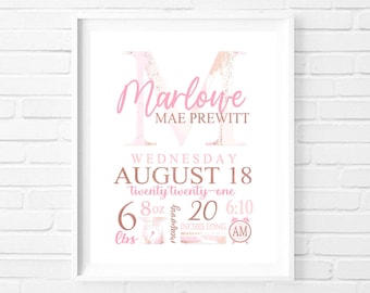 May include: A pink and gold printable birth announcement for a baby girl named Marlowe Mae Prewitt. The announcement includes the baby's birth date, time, weight, and length. The text reads: "Marlowe Mae Prewitt, Wednesday, August 18, Twenty twenty-one, 6 lbs 8 oz, 20 inches long, 6:10 AM."