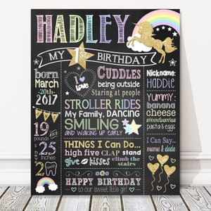 Tableau de premier anniversaire de licorne imprimable, panneau de tableau noir d’anniversaire de jalon de licorne, affiche de fête arc-en-ciel Girl Gold + Pastel, FICHIER NUMÉRIQUE