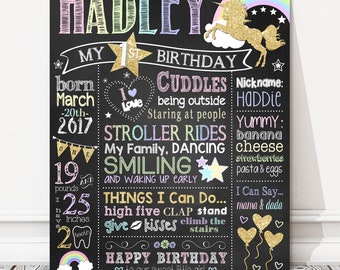 May include: A chalkboard style birthday sign featuring a unicorn and rainbow design. The sign reads "Hadley" and "My 1st Birthday". It also includes details such as the date of birth, weight, height, and things the child can do.