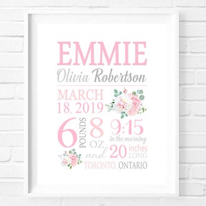 Printable Birth Stats Wall Art, Boho Floral Baby Girl Personalized Custom Nursery Decor Print, Pink Flowers Baby Gift, DIGITAL FILE