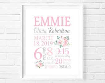 May include: Pink and white floral baby announcement print with the name Emmie Olivia Robertson, birth date March 18, 2019, weight 6 pounds 8 ounces, time of birth 9:15 am, length 20 inches, and location Toronto, Ontario.