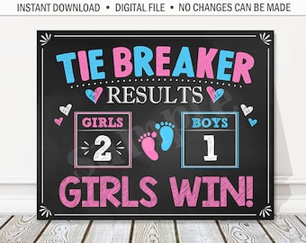 INSTANT DOWNLOAD - Tie Breaker Pregnancy Announcement Chalkboard Sign, 3rd Baby Number 3, Gender Reveal Photo Prop, Girl's Win, Digital File