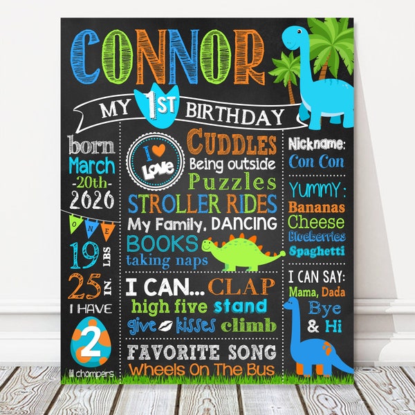 Dinosaur 1st 2nd 3rd Birthday Board, Boy Milestone Birthday Chalkboard Sign, Blue Green Orange Party Poster, Any Age, DIGITAL FILE